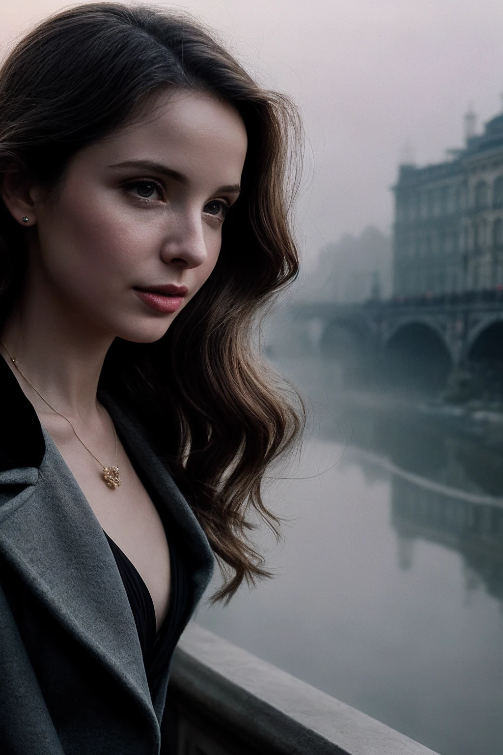 JulieD_SoloTI_v1,
(In an elegant, tailored coat, adorned with a vintage brooch, exuding a timeless and graceful charm), (On a misty bridge at dusk, with lampposts casting a soft glow and the river flowing quietly beneath, enveloping the moment in poignant nostalgia:1.3), (seductive:1.3),(analog, cinematic, film grain, hazy atmosphere, cinematic shot:1.3),
 <lora:add_detail:0.6>, PA7_Portrait-MCU,