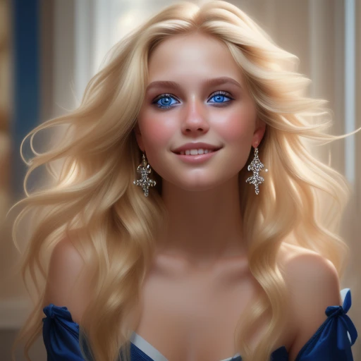 1girl, 18 years old,  tone, and fit, voluptuous ,white, blonde hair cascading in long locks ,blue eyes, warm smile gracing her lips, looking at viewer , solo, ultra clear, vivid lights, highly detailed, digital painting