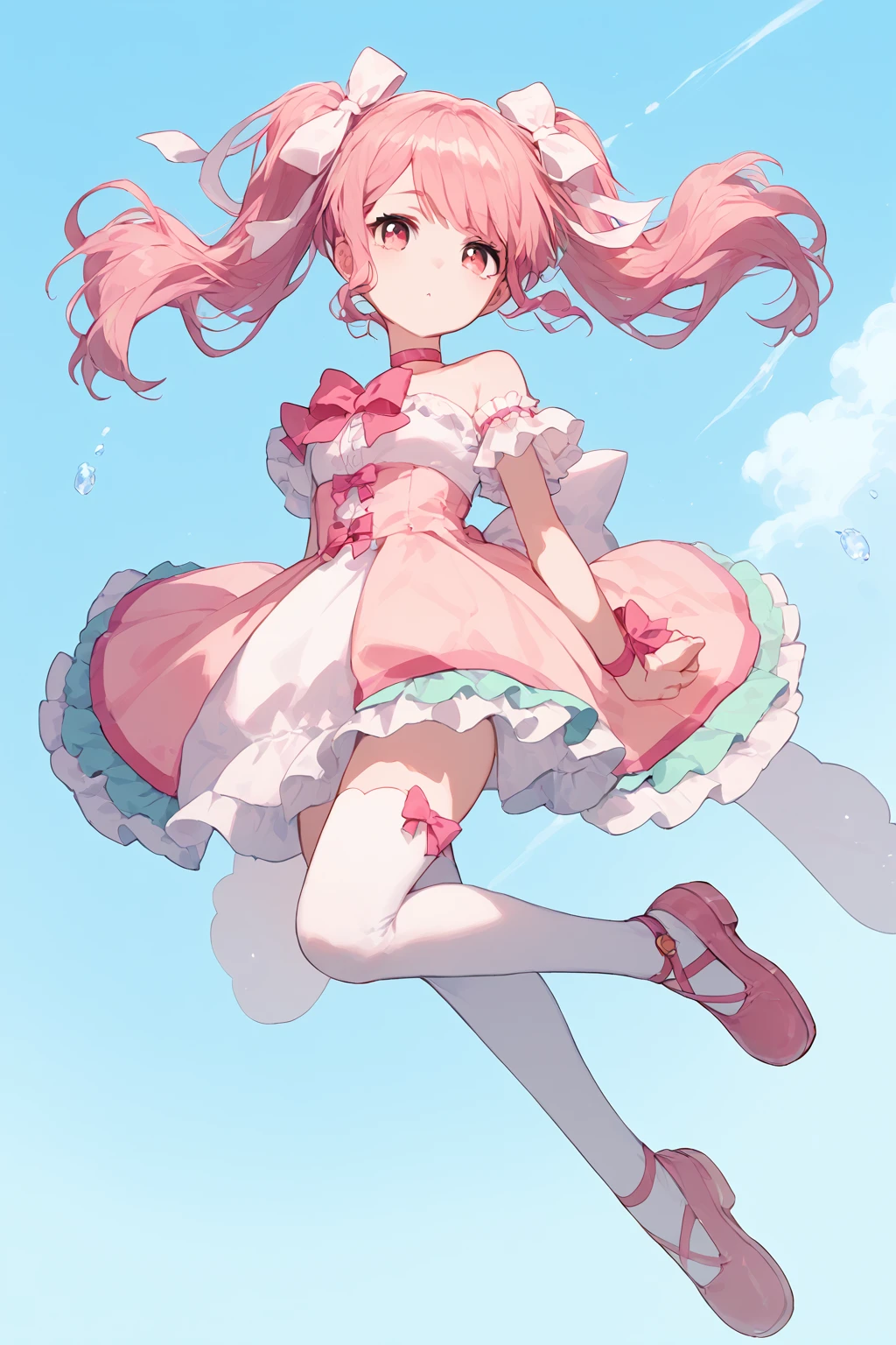 score_9,score_8_up,score_7_up,score_6_up,score_5_up,score_4_up,<lora:aya:0.8>,maruyama aya,1girl,solo,pink hair,wrist bow,twintails,pink eyes,pink footwear,white thighhighs,bangs,pink choker,shoes,hair bow,strapless dress,arm ribbon,