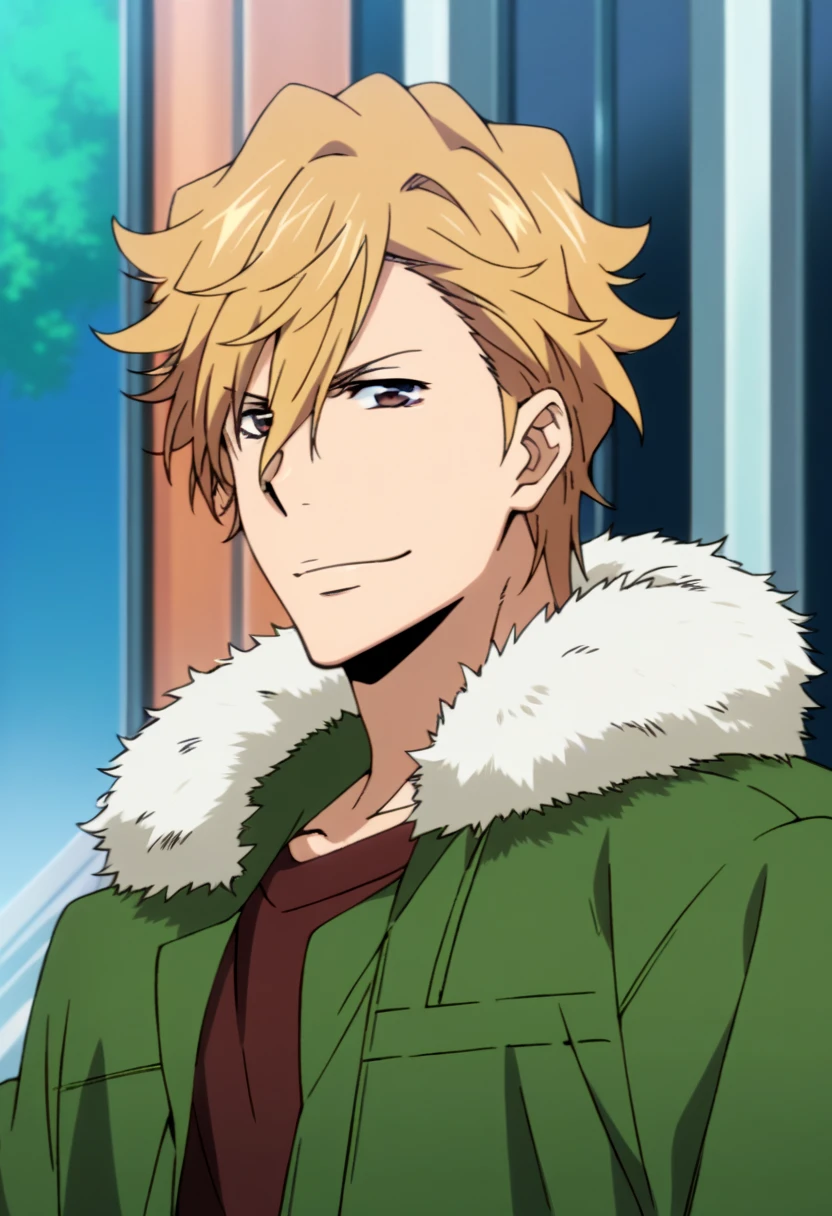 score_9, score_8_up, score_7_up, score_6_up, highly detailed, masterpiece, best quality,detailed,intricate details, amazing quality, best aesthetic, absurdres,dino_tyl, blonde hair, brown eyes, 1boy, male focus, solo,fur trim, smile, shirt, green jacket<lora:EMS-391456-EMS:1.000000>