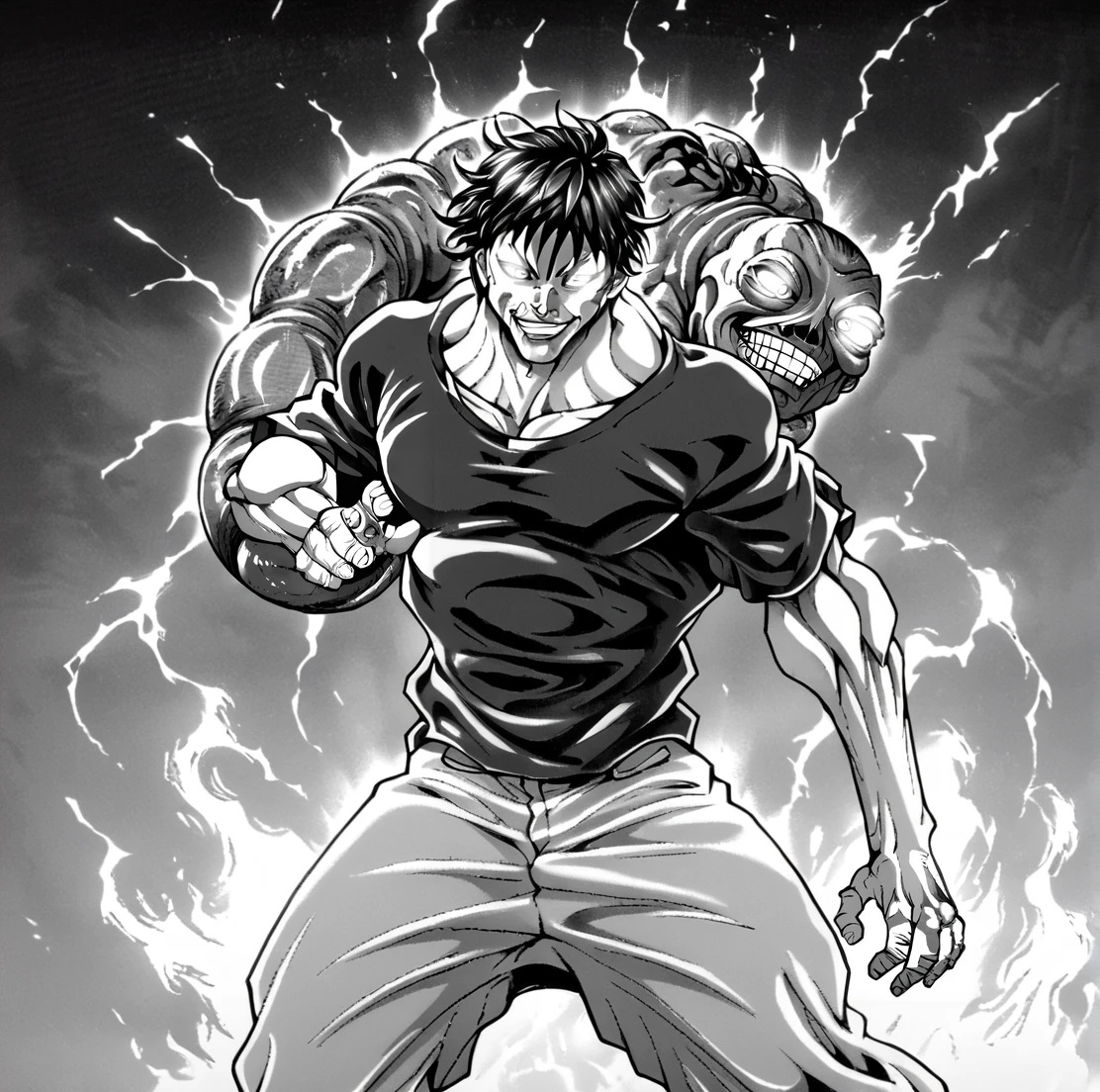 score_9, score_8_up, score_7_up, score_6_up, score_5_up, score_4_up,
<lora:Itagaki_Style:0.8>,itagakisty1e, monochrome, greyscale, style parody, BREAK
<lora:touji_fushiguro_pony:0.8> touji_fushiguro, male focus, black shirt, muscular male, evil grin, fists, standing, aura, glowing eyes, monster, cursed spirit, monochrome, grayscale