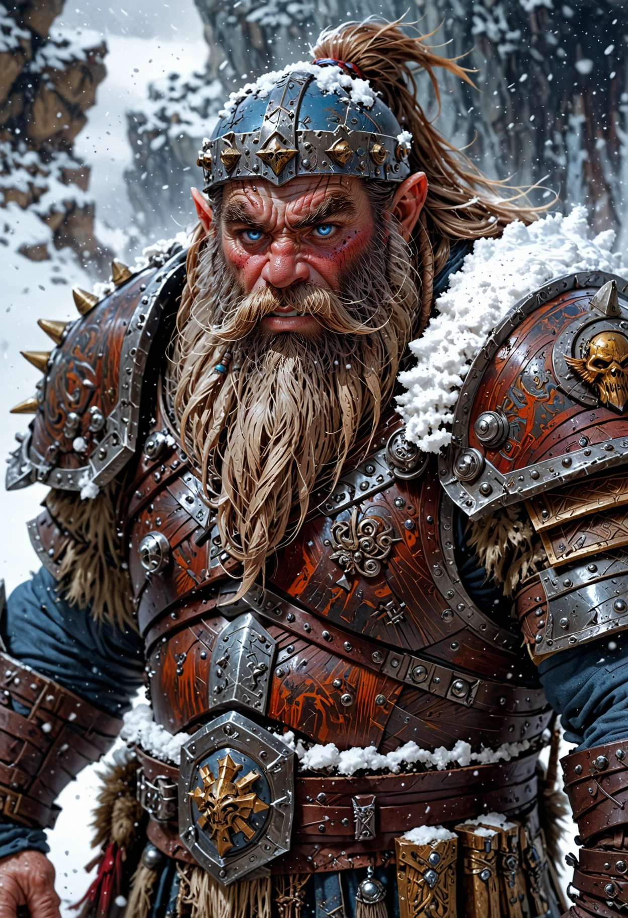 dwarf warrior, long beard, heavily armored, shield, fantasy, epic, in the snow, <lora:EpicF4nta5yXL:0.8>