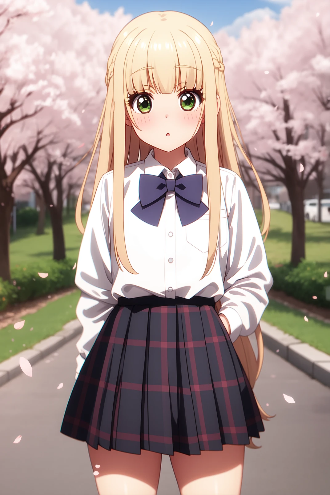 solo, masterpiece, best quality, outdoors, street, cherry blossoms, cowboy shot, standing, blush, :o, closed mouth, looking at viewer, Izumi, green eyes, blonde hair, long hair, blunt bangs, school uniform, collared shirt, long sleeves, purple bow, grey skirt, pleated skirt, plaid skirt, black socks, white sneakers 