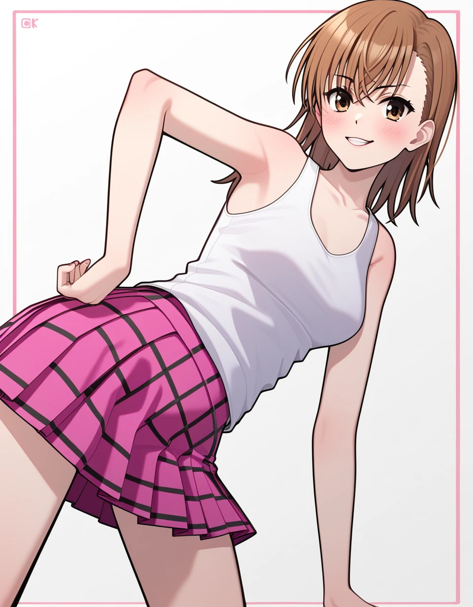 1 girl , hot pink skirt , <lora:hadeshockpinksk_sdxl_0001:0.9>, hadeshockpinksk, ( misaka mikoto ) , ( solo ) , anime , master piece , ultra-detailed, 4k , standing, look straight at viewer , mini  skirt , border pattern  clothes , leather  flare  skirt, BREAK , tank top  , Leaning forward  , white background  , slightly low angle shot