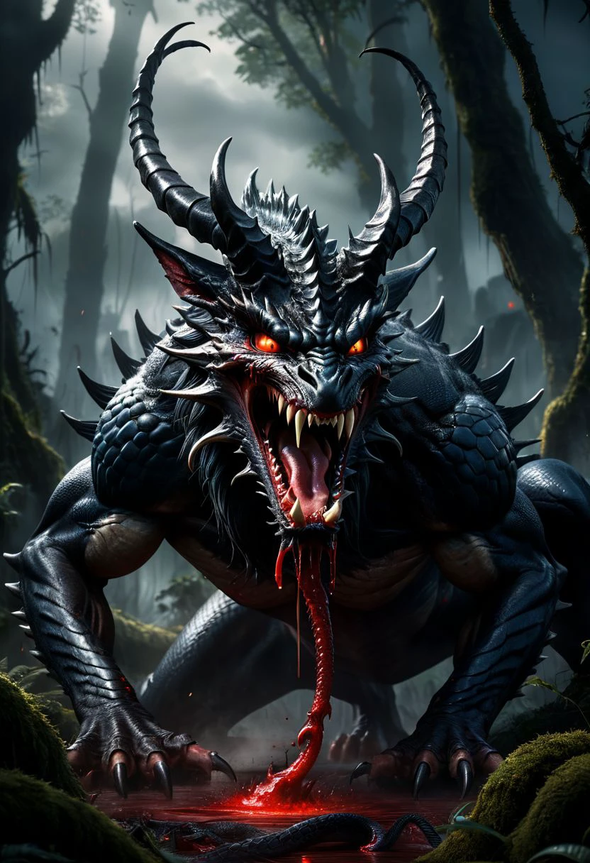 (masterpiece), best quality, large creature, with dragons head, long fangs protruding from mouth, 2 rows of sharp teeth, two snakes for tongues , it is roaring in anger, forest setting, body is bearlike and hairy with batlike wings , arms have long sharp claws at end that are dripping blood, the body of a large stag that is lying at it's feet