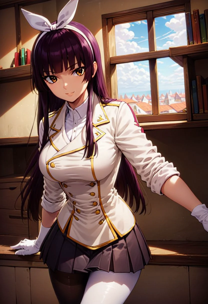 score_9, score_8_up, score_7_up, score_6_up, score_5_up, score_4_up,
hairband, smile, blunt_bangs, white_skirt, bangs, bookshelf, panties, pleated_skirt, black_pantyhose, gloves, white_pantyhose, purple_hair, white_ribbon, jacket, 1girl, day, military, shirt, sleeves_rolled_up, long_sleeves, yellow_eyes, large_breasts, pantyshot, cloud, brown_eyes, window, indoors, black_skirt