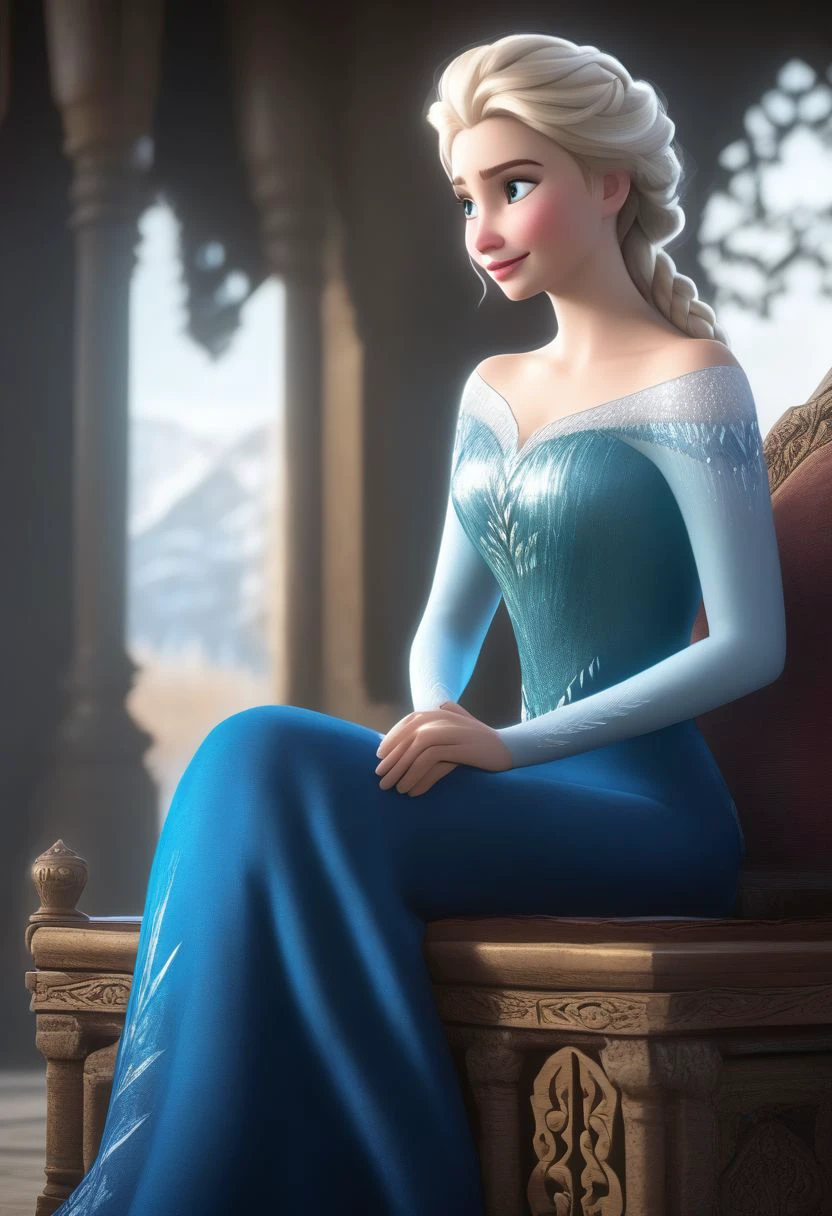 sysdeep_elsa, 1girl, Elsa, Disney, \(Frozen\)/,(ultra HD quality details), blue eyes, blonde hair, single braid, single braid over shoulder, looking_at_viewer, blue dress, bare shoulders, bare shoulder, cleavage, makeup, throne, sitting, crossed_legs, cleavage, confident, undermining smirk,