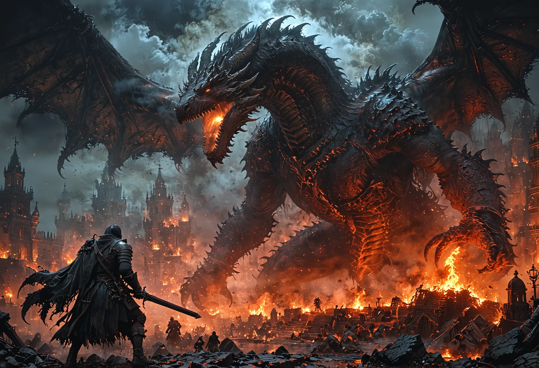 dark fantasy art style, bloodborne hunter fighting a giant fantasy dragon, burned city of yharnam in background, highly detailed, at night, (mystical dense fog), oil and watercolor painting, epic scene, (dense smoke by Kim Keever), dark, moody, dark fantasy in style of Frank Frazetta, Bosstyle, <lora:XL_boss_battle:0.8> <lora:EpicF4nta5yXL:0.8>