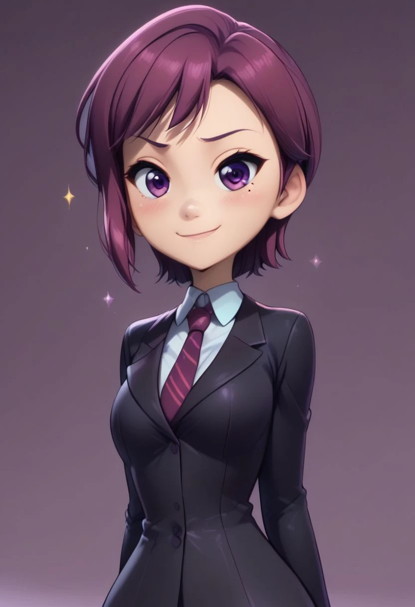 (score_9, score_8_up:1.1), score_7_up, 
subsurface scattering, 
purple theme background,glitter,sparkles,shiny,1girl, Live - action adaptation of a 3d character,  1girl, solo, 
BREAK,
curvy, 
zzBazett, short hair, purple eyes, purple hair, mole under eye, necktie, formal black suit,
wide hips, curvy, 
BREAK, 
charming face, smile, closed mouth, blushing, looking at viewer,