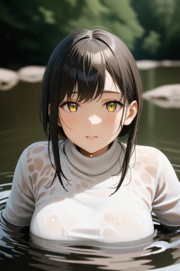 symmetrical, High detail color photo professional close photograph, [:(highly detail face: 1.2):0.1], (wearing tight sleeve sweater:1.2), half body, a portrait of a 18yo woman bathing in a river, body contact water and ripple around, clear and clean water, shiny eyes, looking at viewer, wet clothes, see-through clothes, depth of field, natural lighting, hard focus, Art by Laurence Demaison