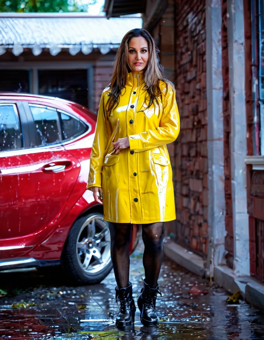 zPDXL2, zPDXLrl, <lora:AvaAddams4:1>, <lora:lowlight:0.3>, AvaAddams, realistic, looking at viewer, safe_rating, full body, raincoat, wet_hair, outdoors, rain, wet, rubber boots, thighhighs,