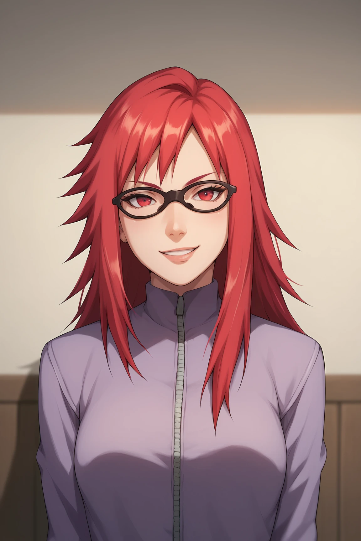 score_9, score_8_up, score_7_up, score_6_up, score_5_up, score_4_up, KarinUzumakiSXL, black glasses, red eyes, red hair, two-tone hair, long hair, sidelocks, medium breasts, purple jacket, (solo), front view, (portrait, upper body), solo focus, seductive smile, looking at viewer, indoors <lora:KarinUzumakiSXL:0.8>