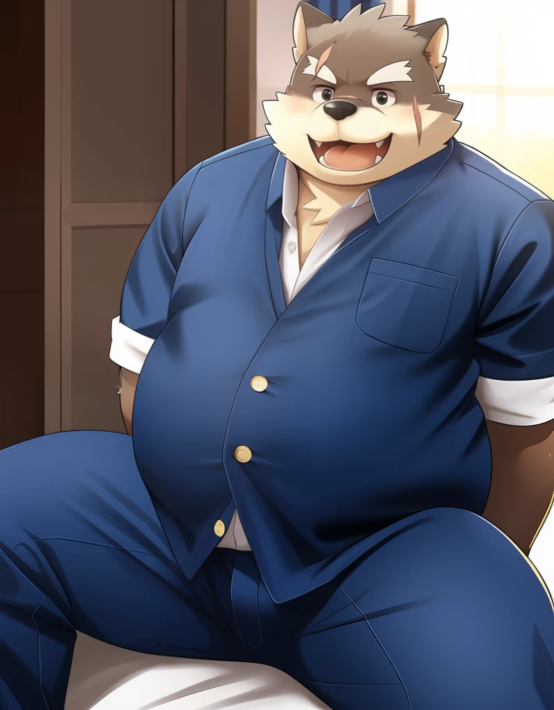 (((detailed eyes, detailed face))), (furry, moritaka <lora:character_moritaka_findigo_v1:0.9>, two-tone fur, dog boy, snout, black eyes, scar, tattoo), male, (solo), (plump, fat, chubby, overweight), ((blue gakuran, blue jacket, (yellow button), untacked, short sleeves), blue pants), sitting, (arms behind back), smile, (front view) BREAK (konzaburou, ukan_muri), bedroom, (flat shading, high brightness), 8k, UHD, masterpiece, (full body), (scar on face, scar on cheek, scar on chest, scar on arm, scar on nose)