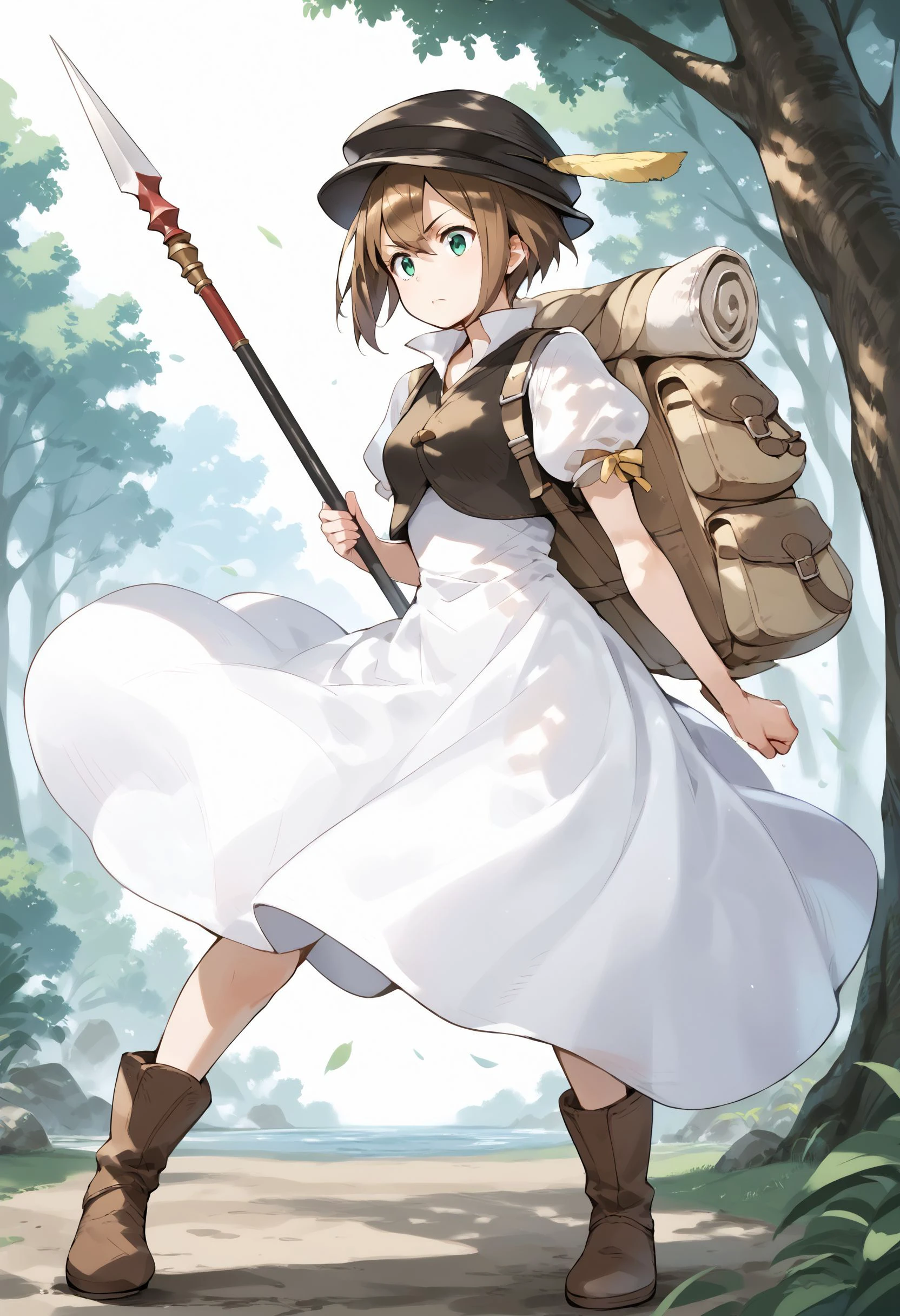 score_9, score_8_up, score_7_up, score_6_up, BREAK source_anime, best quality, masterpiece,
1girl,<lora:tressa colzionePonyXL:0.8>,tressa colzione,hat,hat feather,backpack,vest,dress,boots,full body,fighting stance,holding polearm,clenched hand