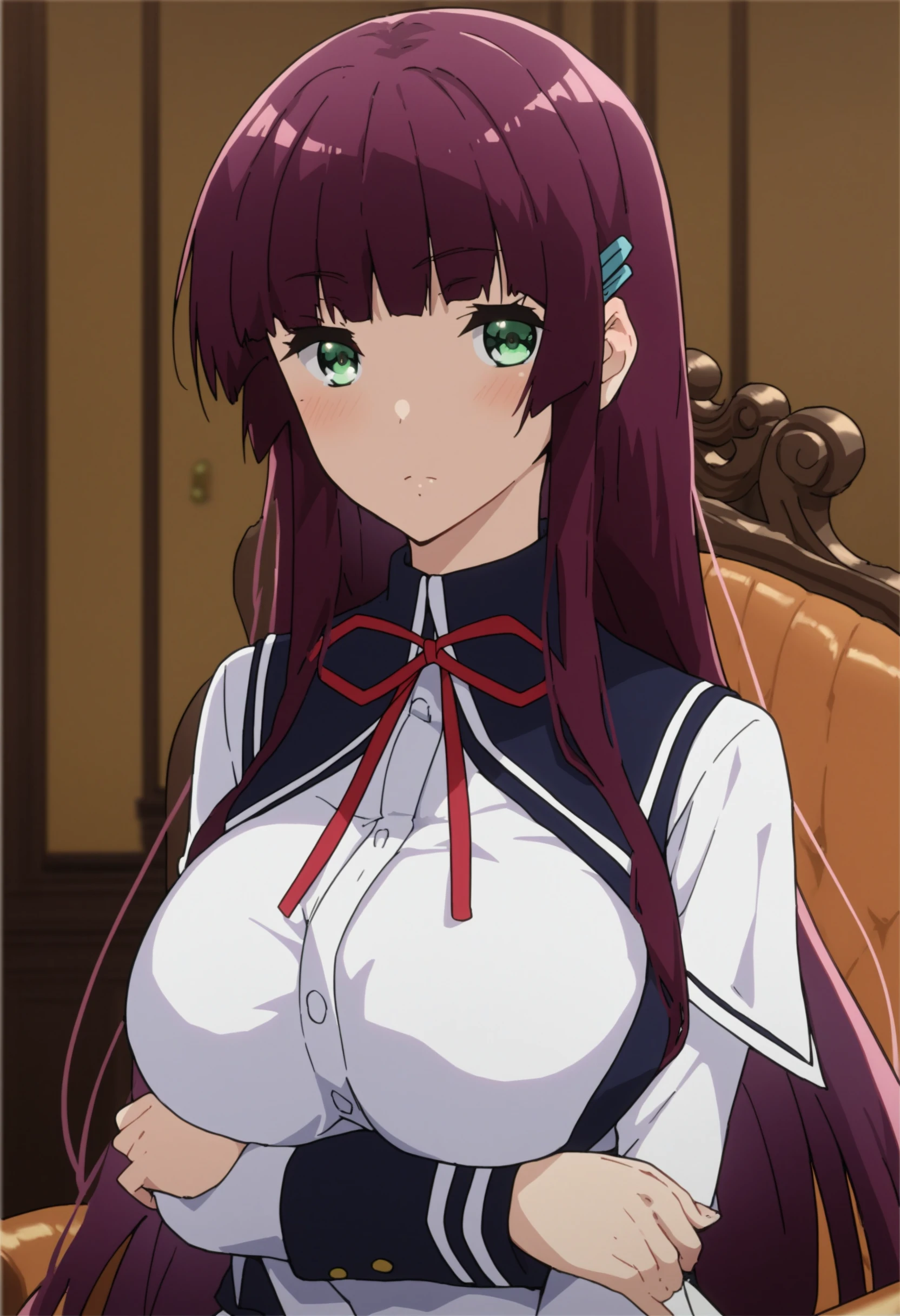 8 k, ultra quality,beautiful woman,for thick braids,scarlet hair,charming oval face,double eyelid,(beautiful intelligent eyes),(plump lips ),looking at the viewer ,hand on the chest,great details,Big ,Naked,apron on the naked body