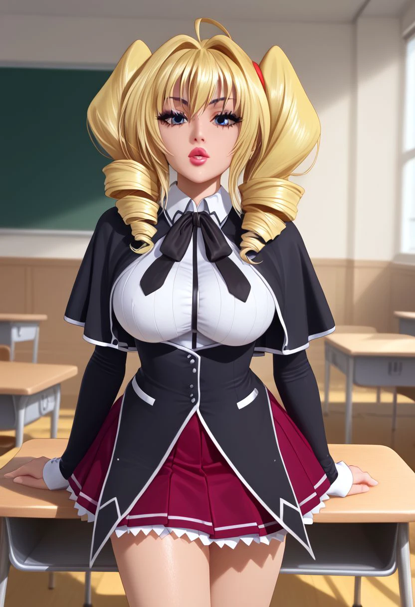 Masterpiece, best quality, high quality, highres, 4k, detailed face, Expressiveh, ravel phenex, blonde hair, blue eyes, twin drills, medium hair, large breasts, ahoge, shortstack, parted lips, shiny lips, lipgloss, gyaru, bmbplora, long eyelashes, kuohacademy, school uniform, black capelet, white shirt, black ribbon, neck ribbon, long sleeves, corset, red skirt, pleated skirt, classroom, cowboy shot,