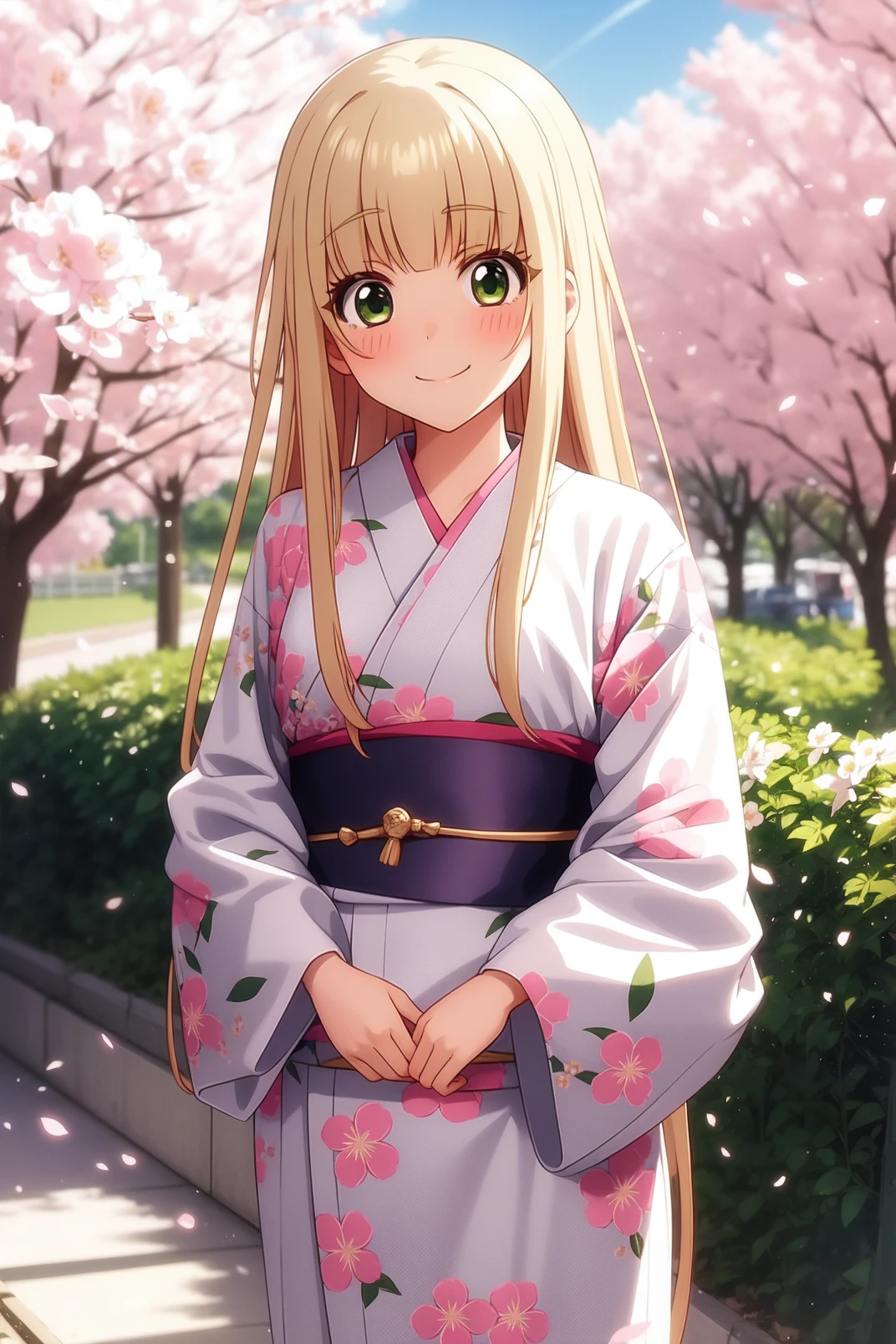 solo, masterpiece, best quality, outdoors, street, cherry blossoms, cowboy shot, standing, blush, smile, closed mouth, looking at viewer, Izumi, green eyes, blonde hair, long hair, blunt bangs, yukata, japanese clothes, wide sleeves, obi, floral print 