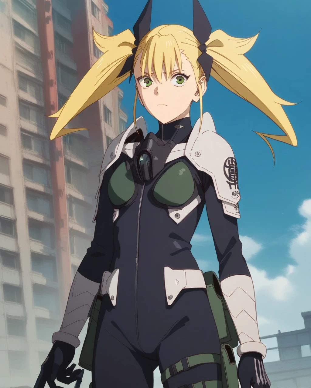 score_9, score_8_up, score_7_up, score_6_up, score_5_up, score_4_up, source_anime, screenshots, kikoru, 1girl, blonde hair, twintails, green eyes, hair ribbon, black ribbon, bangs, bodysuit, armor, holster, cowboy shot, upper body, face fous <lora:KikoruShinomiya_PonyXL-000025:1>