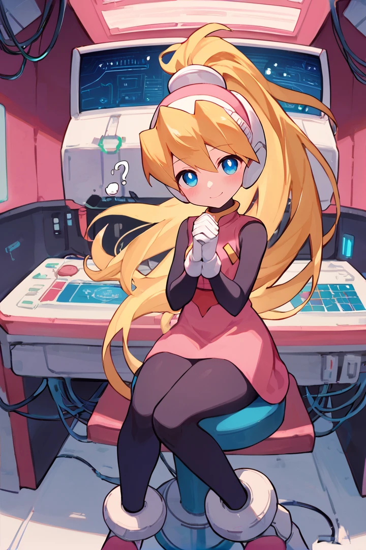 source_anime, score_9, score_8_up, score_7_up, cielbase, solo, helmet, blonde hair, very long hair, ponytail, blue eyes, pink vest, pink dress, bodystocking, arm stockings, pink skirt, white gloves, thighs,
BREAK volumetric lighting, blush, laboratory, multiple monitors, cables, black pantyhose, cyberspace, glitch, high heels, floating hair, anklet, sitting on stool, hands together, hands on lap, smile, looking at viewer, head tilt, ?,
<lora:ciel-step00000800:1>