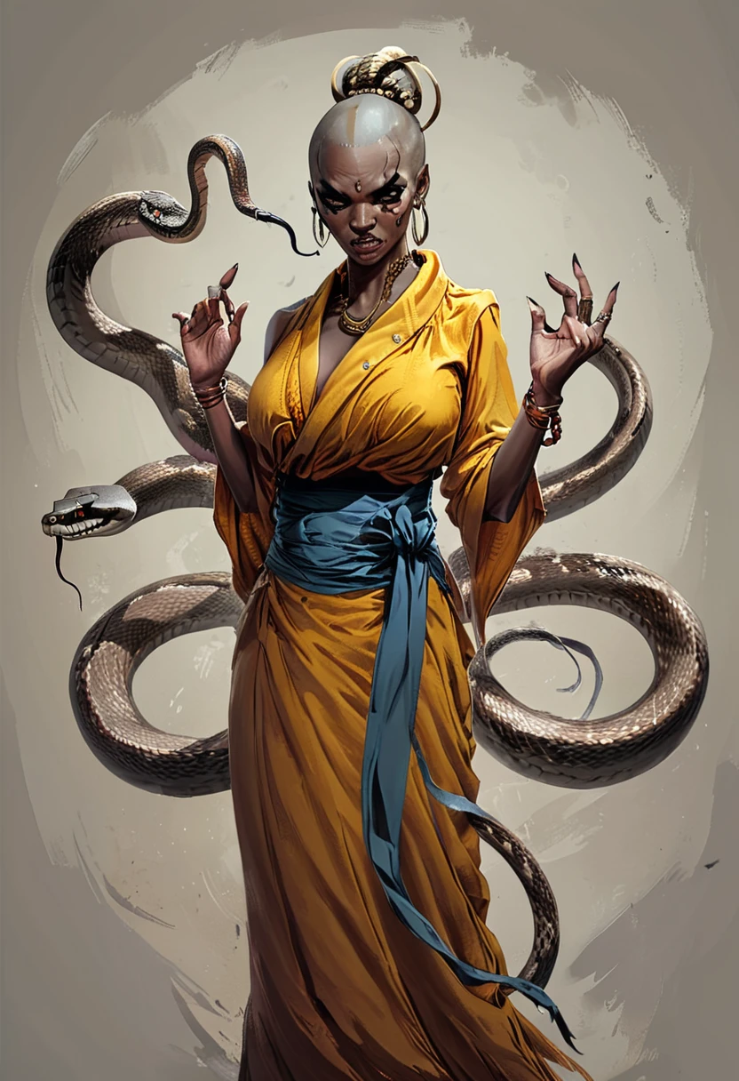 <lora:artfullySNAKEMONK:1>, artsnkmnk, character concept, illustration, snake master, monk, 
 hands up, sideboob, bracelet, kimono, tongue, single hair bun, sash, breasts, dark skin, ring