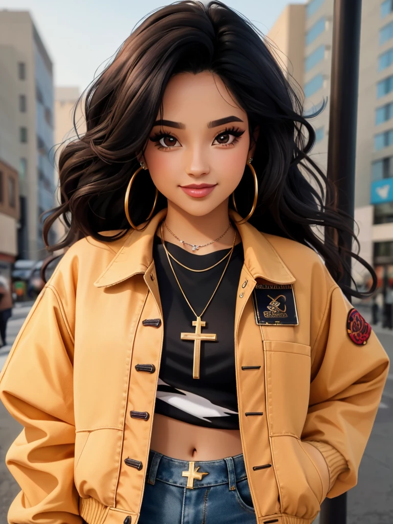 b3ckyg, 1girl, solo, long hair, looking at viewer, smile, shirt, black hair, brown eyes, jewelry, jacket, earrings, necklace, lips, black shirt, eyelashes, makeup, traditional media, cross, denim, portrait, realistic, cross earrings, denim jacket<lora:b3ckyg:1.0>