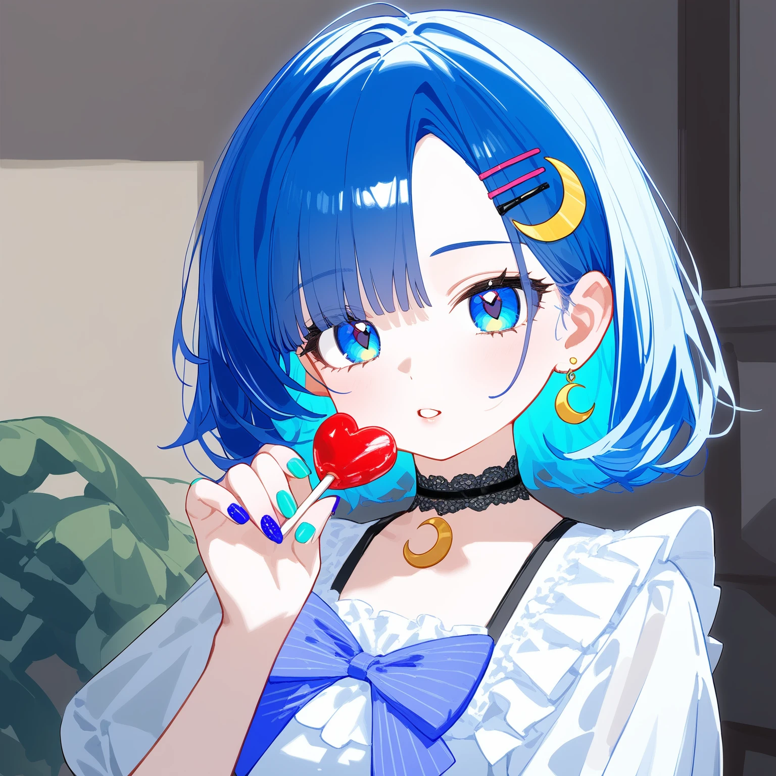 1girl,
solo, best quality, upper body, looking at viewer, holding candy, parted lips, blue eyes, blue hair, medium hair, hairclip, parted bangs, frills, ribbon, blue nails, nail polish, aqua nails, nail art, purple nails, fingernails, multicolored nails, black nails, crescent earrings, choker, lollipop, heart, butterfly
masterpiece,newest,absurdres,safe,
<lora:CoAi_nai3style_kxl_eps:1>,hxtstyle5,