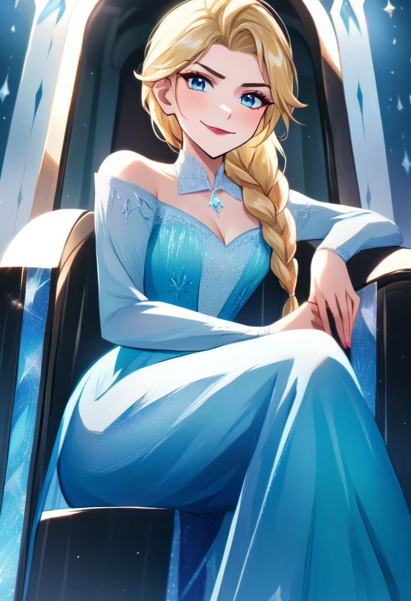 sysdeep_elsa, 1girl, Elsa, Disney, \(Frozen\)/,(ultra HD quality details), blue eyes, blonde hair, single braid, single braid over shoulder, looking_at_viewer, blue dress, bare shoulders, long sleeves, bare shoulder, cleavage, makeup, throne, sitting, crossed_legs, cleavage, confident, undermining smirk, looking from below,