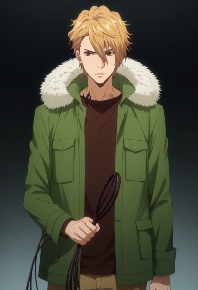 score_9, score_8_up, score_7_up, score_6_up, highly detailed, masterpiece, best quality,detailed,intricate details, amazing quality, best aesthetic, absurdres,dino_tyl, blonde hair, brown eyes, 1boy, male focus, solo,fur trim, brwon, shirt, green jacket,whip<lora:EMS-391456-EMS:1.000000>