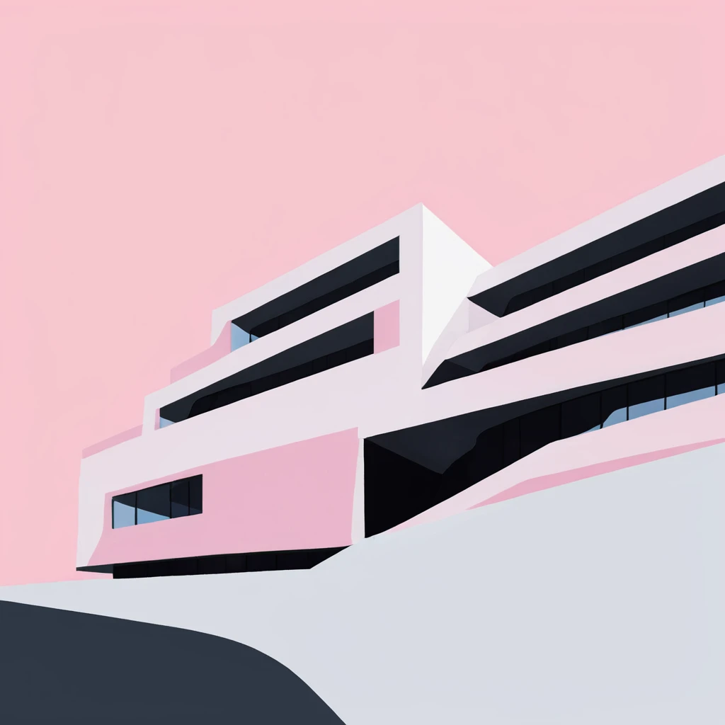 Abstract museum building, contemporary architecture design by Zaha Hadid, contemporary minimal design, modern illustration style, high-contrast color palette with bright and pastel shades, flat shade, pale colors <lora:Flat-XL:0.75> <lora:FormFinder-XL_v2:0.5>