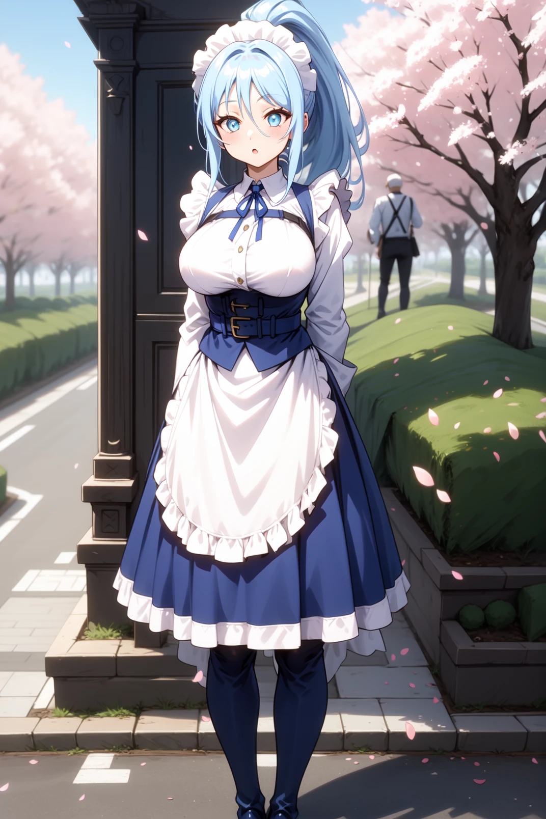 solo, masterpiece, best quality, outdoors, street, cherry blossoms, cowboy shot, full body, :o, closed mouth, sylpha, blue eyes, light blue hair, very long hair, ponytail, maid headdress, detached collar, blue ribbon, long sleeves, breasts strap, blue corset, high-waist, white apron, frilled apron, blue skirt, frilled skirt, thigh-boots, blue boots