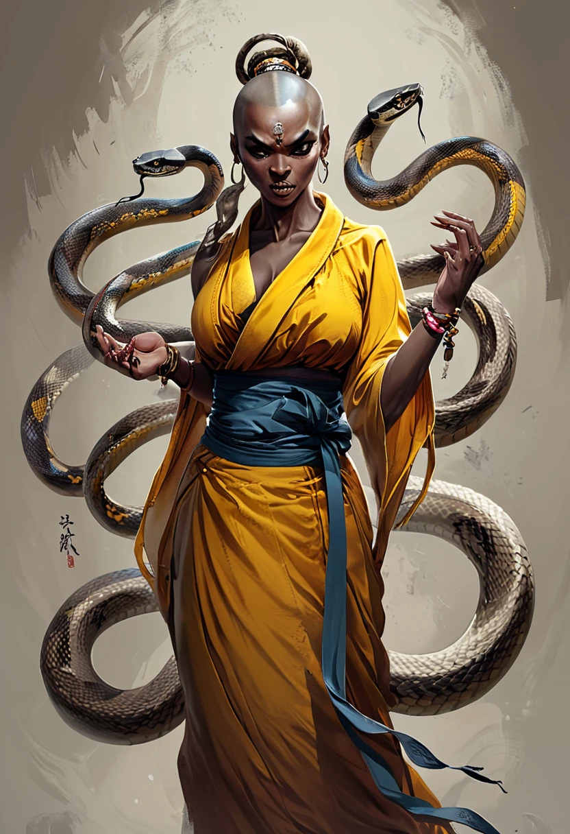 <lora:artfullySNAKEMONK:1>, artsnkmnk, character concept, illustration, snake master, monk, 
masterpiece, intricately detailed, best quality, highest resolution, normal fingers, 
 hands up, sideboob, bracelet, kimono, tongue, single hair bun, sash, breasts, dark skin, ring