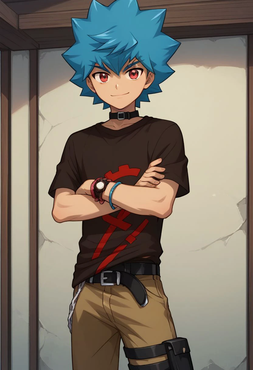 score_9, score_8_up, score_7_up, source_anime, highly detailed, 
luke, 1boy, male focus, solo, blue hair, red eyes, smile, closed mouth, spiked hair, belt, t-shirt, jewelry, shirt, printed t-shirt, looking at viewer, bracelet, pants, crossed arms,
outdoor,