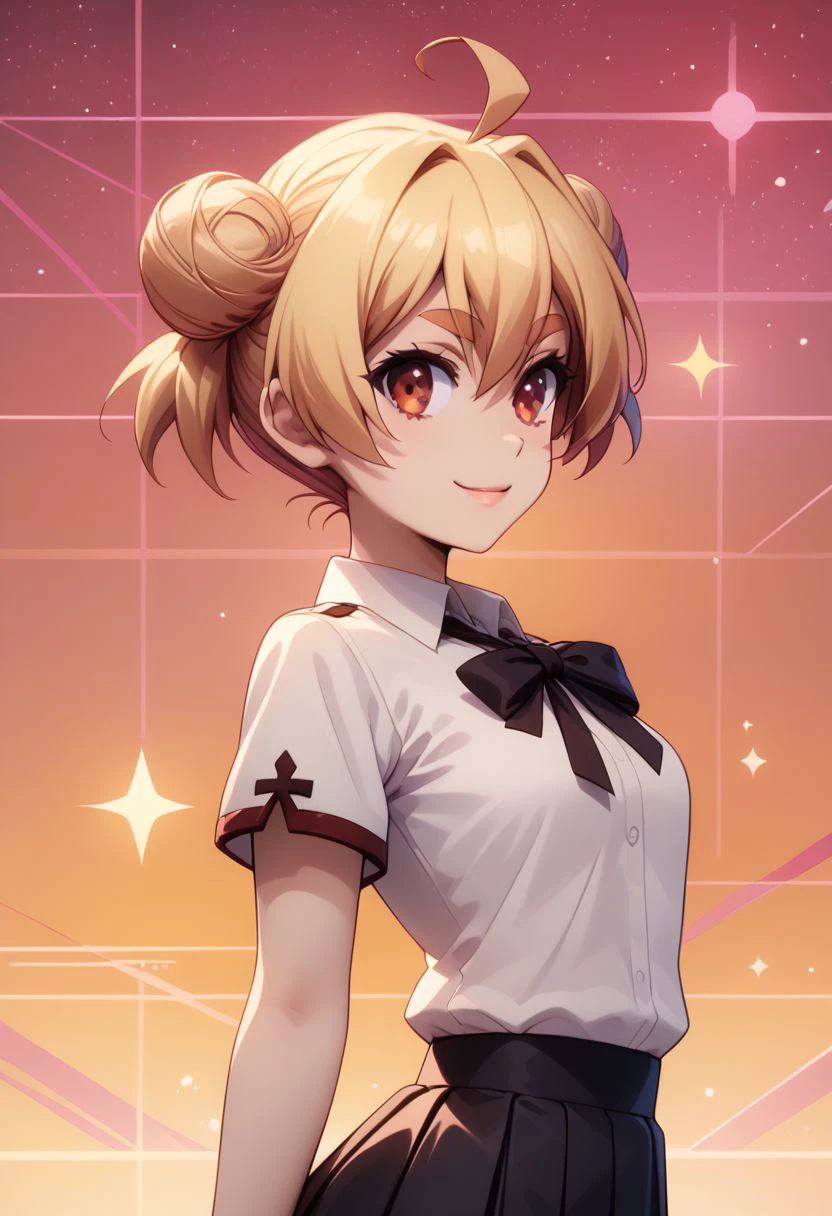 score_9, score_8_up, score_8, medium breasts, (curvy), cute, eyelashes,  rating_safe,
BREAK, 
zzgakumazawatatsuko, bangs, blonde hair, hair between eyes, brown eyes, ahoge, hair bun, double bun, thick eyebrows, school uniform, neck ribbon, white shirt, collared shirt, short sleeves, black skirt,
BREAK, 
looking at viewer, smile, 
dynamic angle, stars, floating, colorful, pink, blue eyes, black bow, from side, on back, spaceship, technological,
zPDXL,