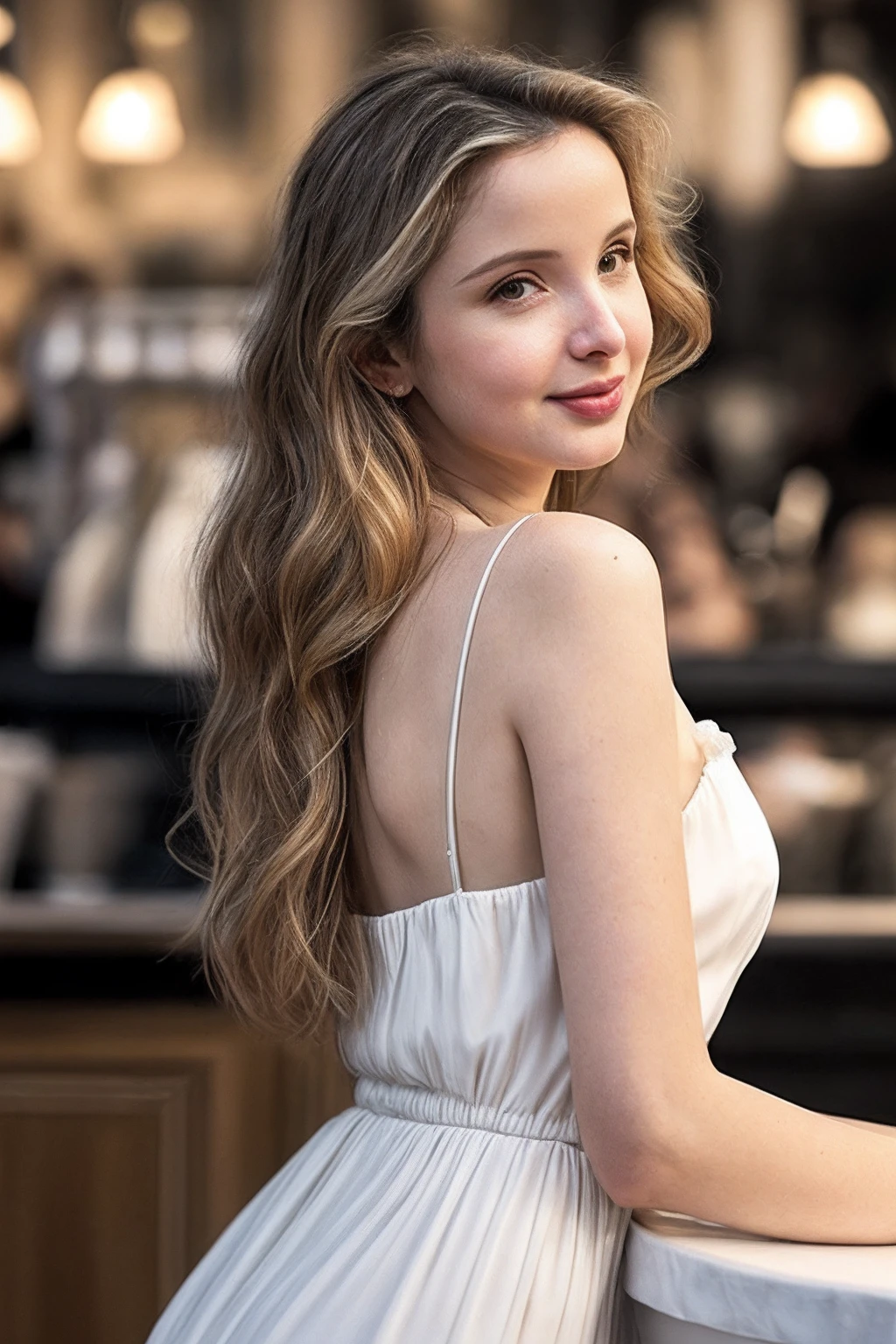JulieD_SoloTI_v1,
(In a simple white sundress, with natural makeup and a soft smile, for an effortlessly chic and ethereal look),
(A quaint Parisian café in the early evening,  dreamy atmosphere:1.3),
(seductive:1.3),photorealistic, masterpiece, high quality, artistic, unique, award winning photograph, professional, 8k, RAW photo, best quality,
 <lora:add_detail:0.6>