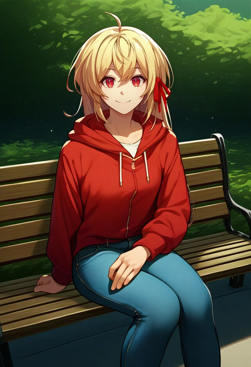 score_9, score_8_up, score_7_up, source_anime, solo, 1girl, aliceliesenebulis, smile, looking at viewer, sitting, park bench, ahoge, hair ribbon, red ribbon, red hoodie, jeans, outdoors <lora:lastcrusader_aliceliese_ponyXL:1>