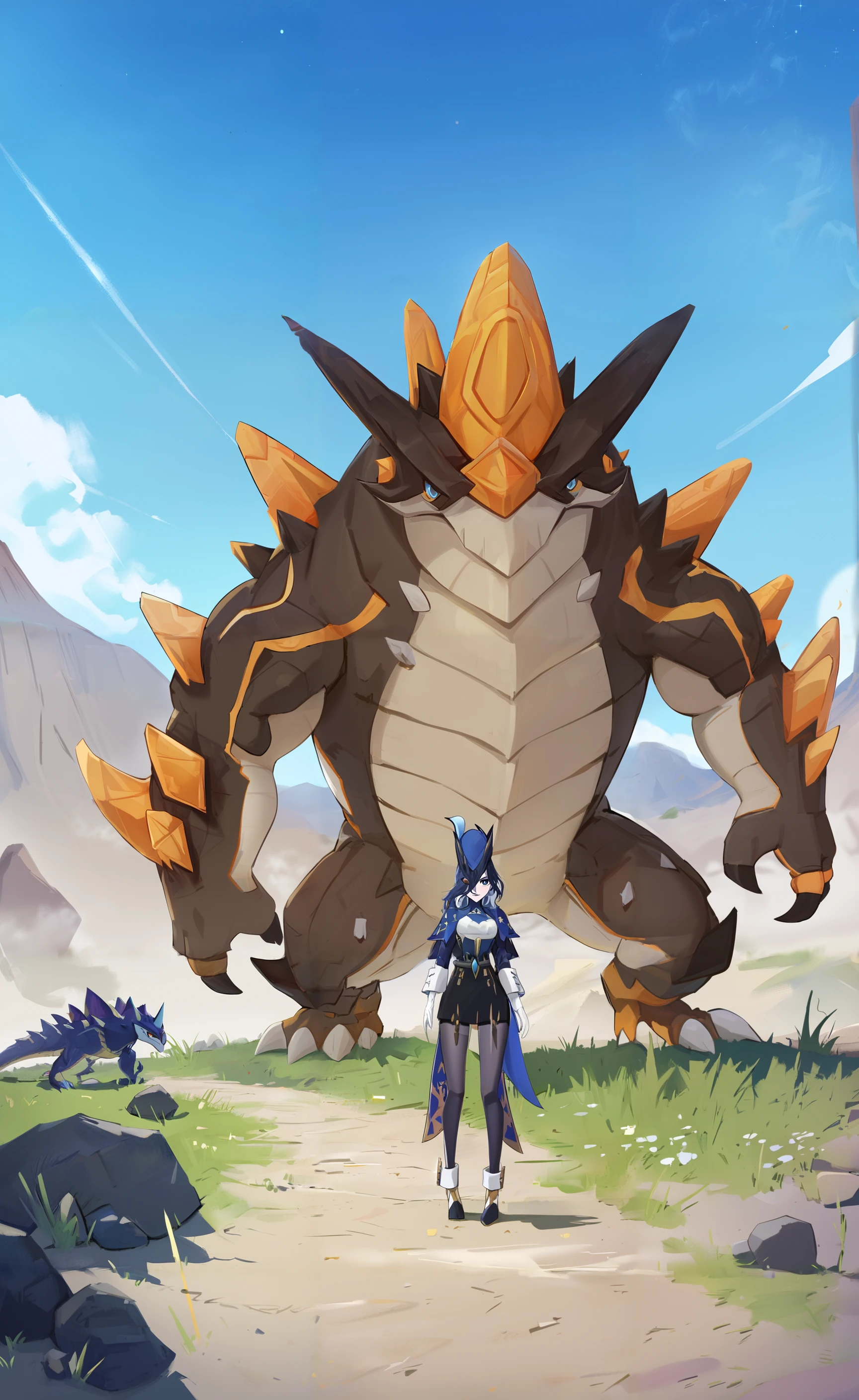 8k, best quality, masterpiece, (ultra-detailed),
<lora:keluo-A3-Tanger:0.8>, 1 Big Geovishap and 1 Clorinde, Clorinde, def clothes, Big Geovishap, big yellow monster, grass, 1girl,
alpine, prehistoric monster, looking at viewer,
full_shot, epic level picture, film lens, oil_painting, super high detail, beauty and the beast, desert, rock, sandstorm, boundless,