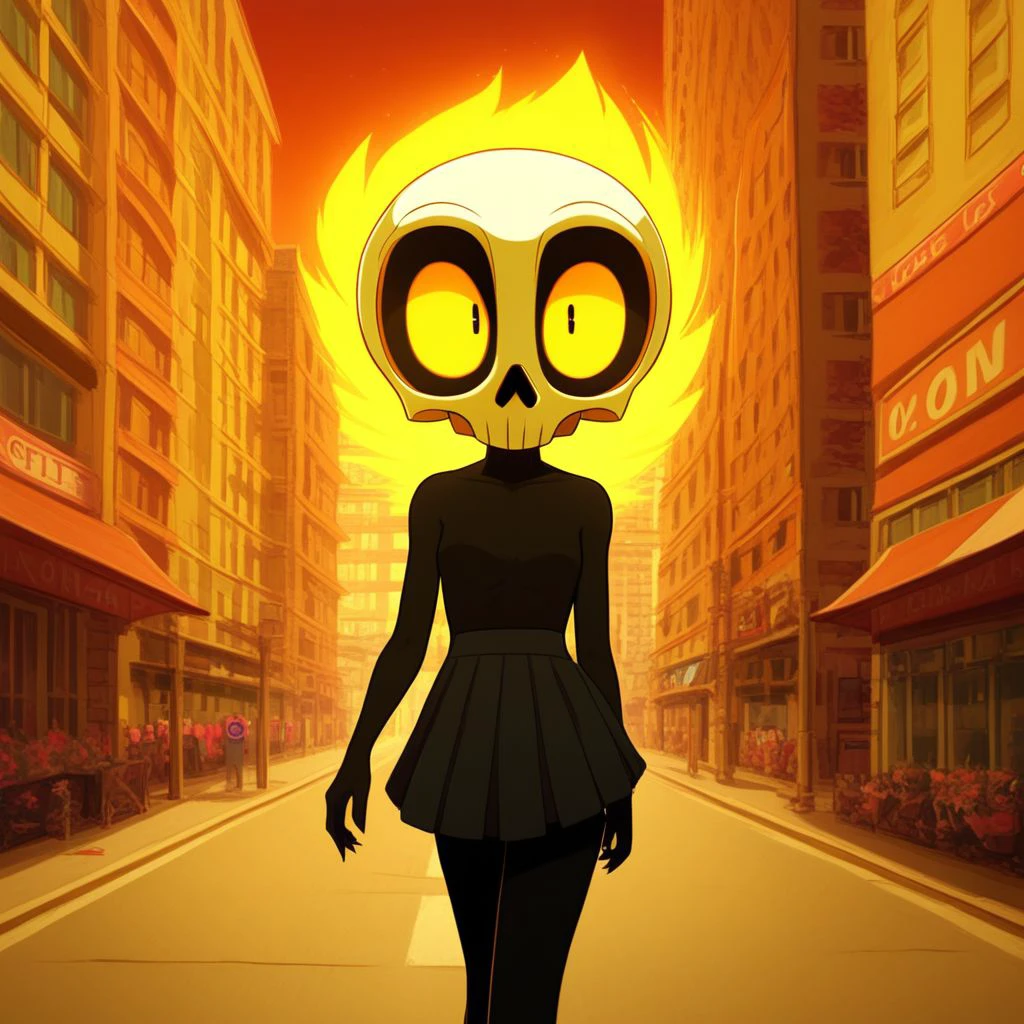 humanoid, walking in a city, close up, sclera eyes, skull face, 1girl, mini skirt