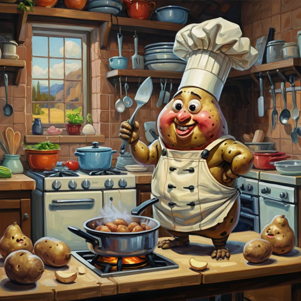 oil painting of a cute and friendly tiny anthropomorphic potato cooking in the kitchen