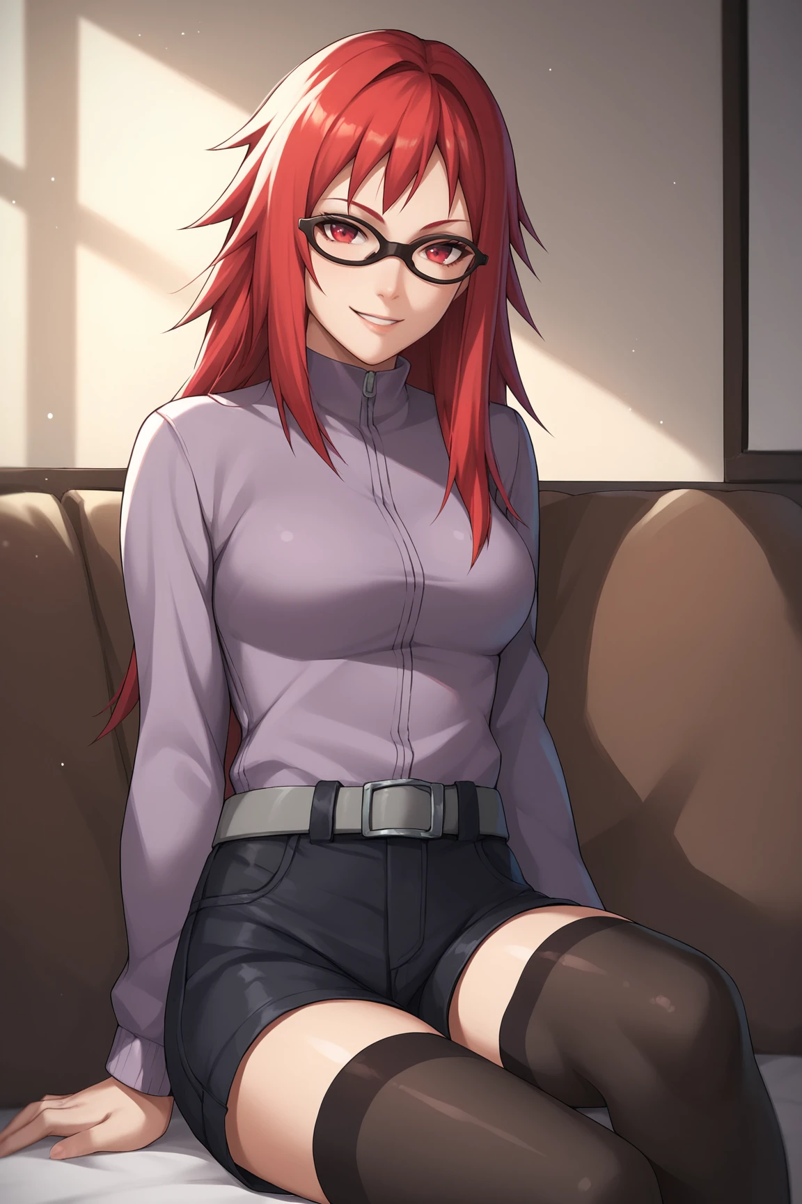 score_9, score_8_up, score_7_up, score_6_up, score_5_up, score_4_up, KarinUzumakiSXL, black glasses, red eyes, red hair, two-tone hair, long hair, sidelocks, medium breasts, purple jacket, grey belt, black shorts, black thighhighs, (solo), sitting, seductive smile, looking at viewer, indoors <lora:KarinUzumakiSXL:0.8>