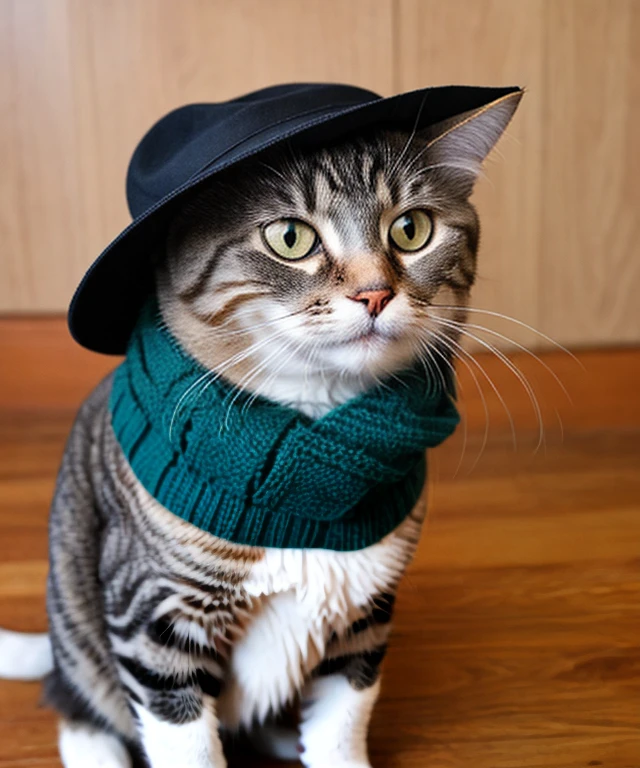 cat in a hat with a scarf looking very dapper