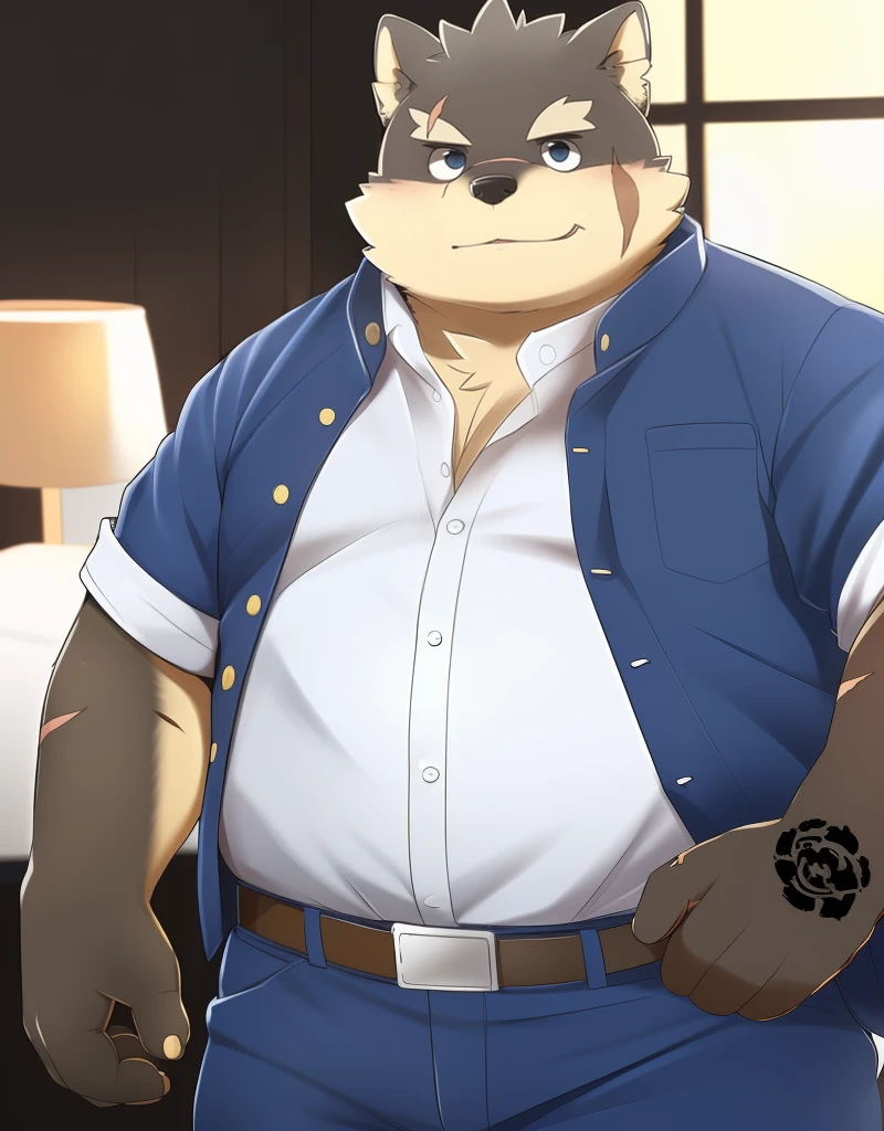 (((detailed eyes, detailed face))), (furry, moritaka <lora:character_moritaka_findigo_v1:0.9>, two-tone fur, dog boy, snout, black eyes, scar, tattoo), male, (solo), (plump, fat, chubby, overweight), ((open  gakuran, blue jacket, (yellow button), open clothes, short sleeves), blue pants), standing, (arms behind back), smile, (front view) BREAK (konzaburou, ukan_muri), bedroom, (flat shading, high brightness), 8k, UHD, masterpiece, (full body), (scar on face, scar on cheek, scar on chest, scar on arm, scar on nose)