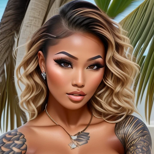 (realistic:1.3), ultra high res, (masterpiece:1.2), (best quality:1.2), (detailed face), 8k, high-res, masterpiece, best quality, , sharp focus, Asian black mixed woman,  tattoo on right arm, sunburst tattoo, tone body, muscular, fit, athletic, thin waist. large nipples,  tone body, muscular, fit, athletic, thin waist. large nipples,  sexy look,  sexy, very beautiful face, beautiful eyes, detailed eyes, good hand, finely detailed skin, collarbone, cleavage, blonde pony tail, diamond necklace. gold bracelets, loop earrings, sexy, very beautiful face, beautiful eyes, detailed eyes, sexual, (dark skin:1.2), large erect nipples, wearing translucent crop top (curly wet hair), long haircut, background is tropical beach