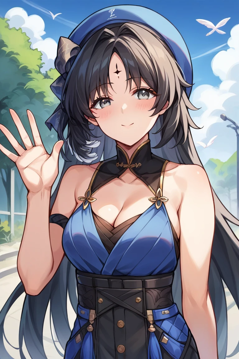 score_9, score_8_up, score_7_up, score_6_up, score_5_up, score_4_up, rating_questionable, , source_anime, digital illustration, pixiv, fanbox, uncensored, , BREAK, official art,
1girl, solo, mature female, yangyang, long hair, grey eyes, black hair, hat, blue headwear, forehead mark, hair intakes,
sleeveless, blue dress, cleavage, upper body, blush,, single glove, waving, light smile, , outdoors , cowboy shot, looking at viewer, colorful, vivid,,   <lora:YangYang_Pony-10:0.8>