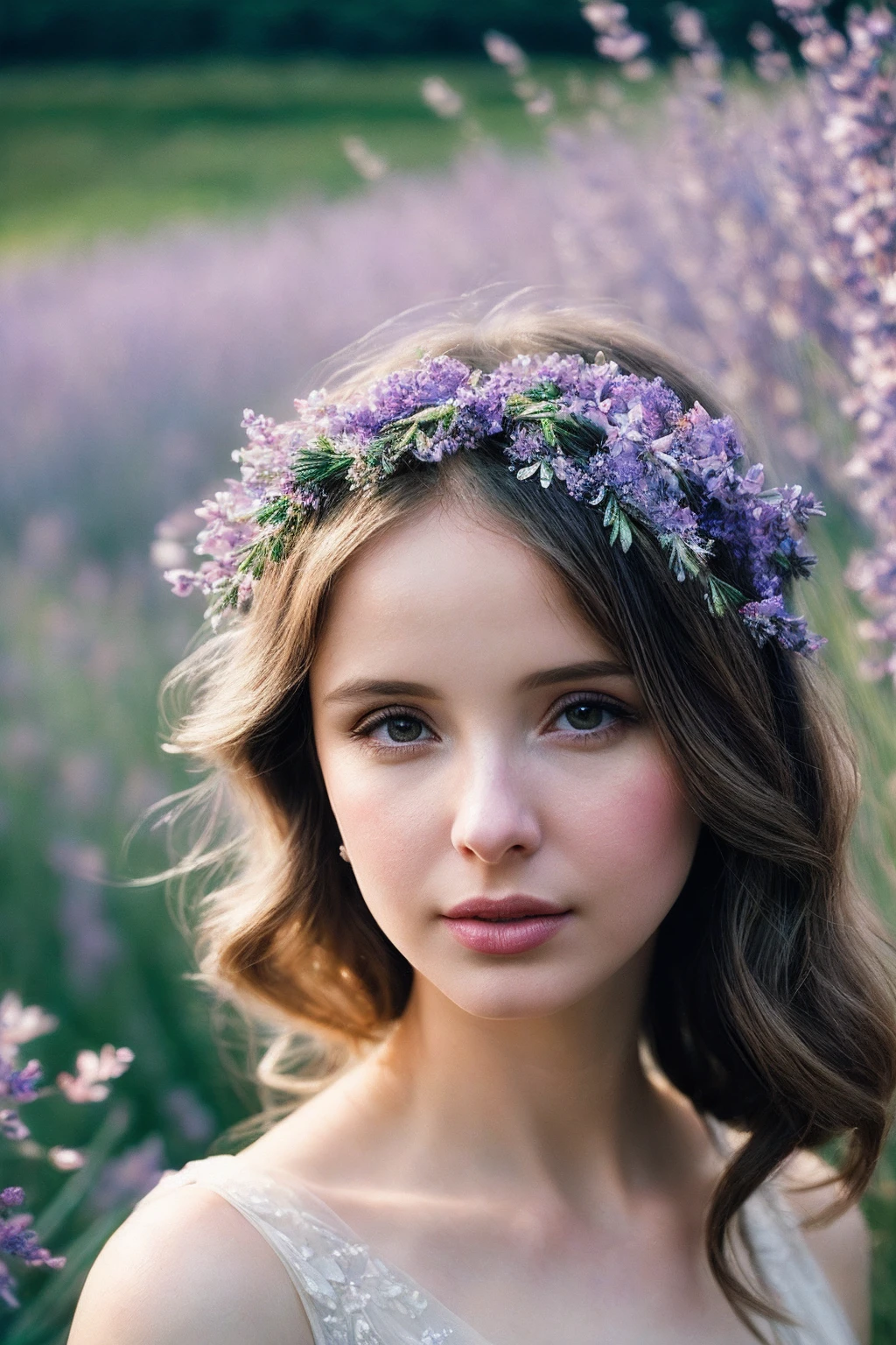 JulieD_SoloTI_v1,
(In a flowing dress of soft lilac chiffon, adorned with delicate lace and adorned with sparkling crystals, for a dreamy and enchanting look), (Amidst a field of wildflowers in full bloom, where the gentle breeze carries the scent of lavender and the song of birds fills the air, a sense of purity and innocence surrounds the ethereal figure of Lilies:1.3), (seductive:1.3),(analog, cinematic, film grain, hazy atmosphere, cinematic shot:1.3),
<lora:add_detail:0.6>, PA7_Portrait-MCU,