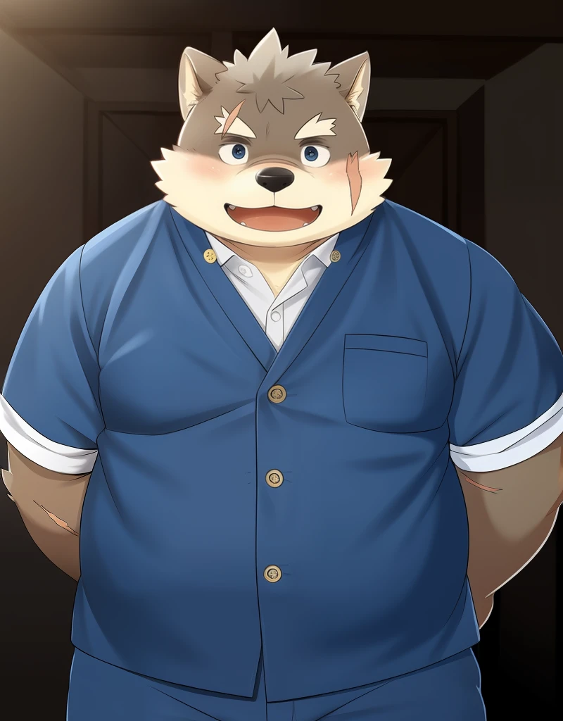 (((detailed eyes, detailed face))), (furry, moritaka <lora:character_moritaka_findigo_v1:0.9>, two-tone fur, dog boy, snout, black eyes, scar, tattoo), male, (solo), (plump, fat, chubby, overweight), ((blue gakuran, blue jacket, (yellow button), untacked, short sleeves), blue pants), standing, (arms behind back), smile, (front view) BREAK (konzaburou, ukan_muri), bedroom, (flat shading, high brightness), 8k, UHD, masterpiece, (full body), (scar on face, scar on cheek, scar on chest, scar on arm, scar on nose)