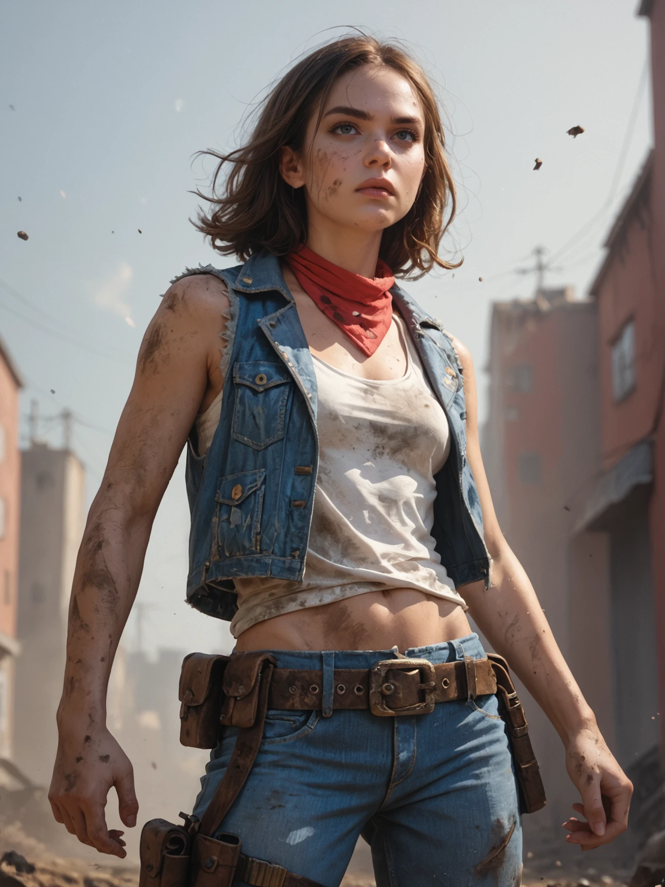 score_9, score_8_up,score_7_up, score_6_up, score_5_up, score_4_up, Action, heroine, dual, pistols, denim, jacket, white, tank, top, dirty, rugged, belt, holster, brunette, wavy, hair, confident, stance, adventurous, bandana