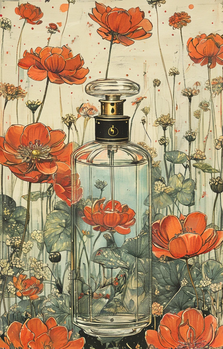 masterpiece,best quality,<lora:tbh204-sdxl:0.9>,illustration,style of Yuko Shimizu A bottle of perfume in garden