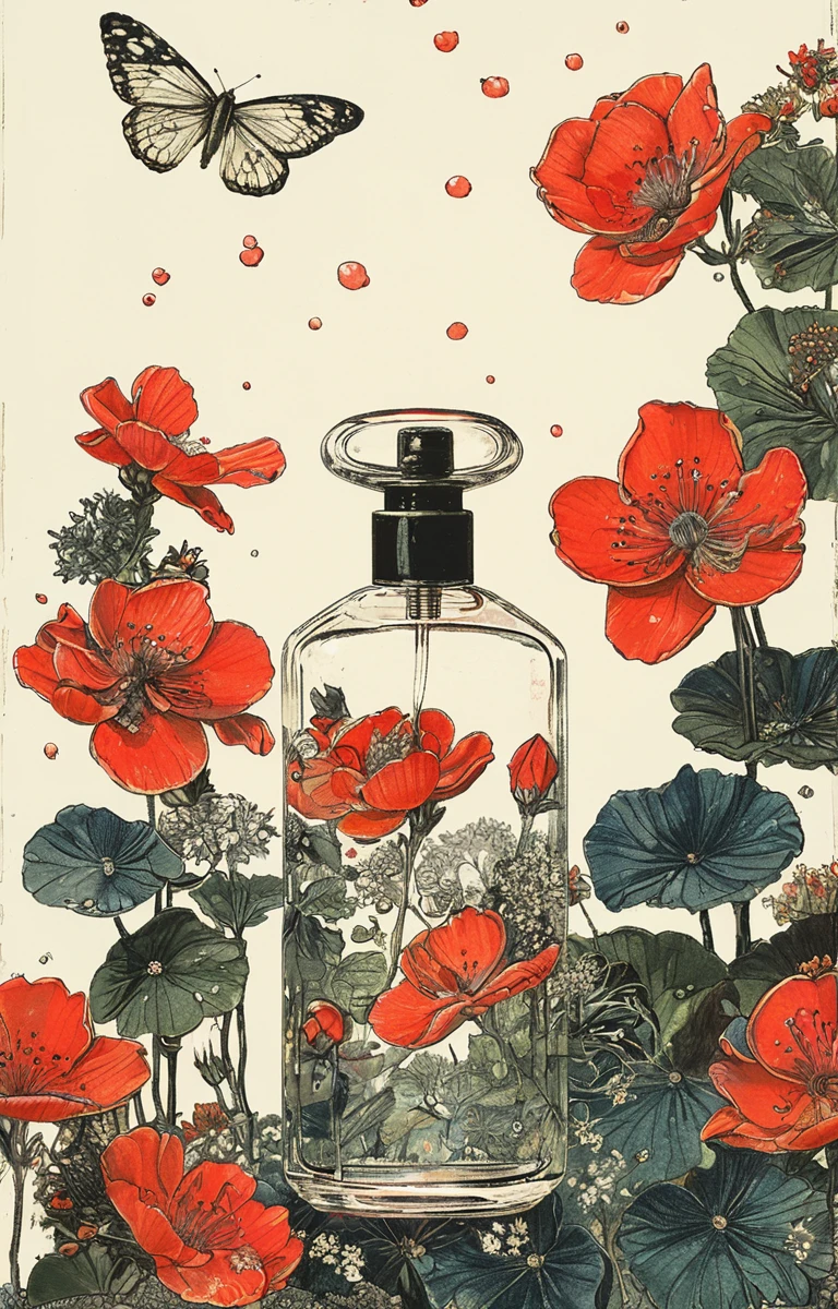 masterpiece,best quality,<lora:tbh204-sdxl:0.9>,illustration,style of Yuko Shimizu A bottle of perfume in garden