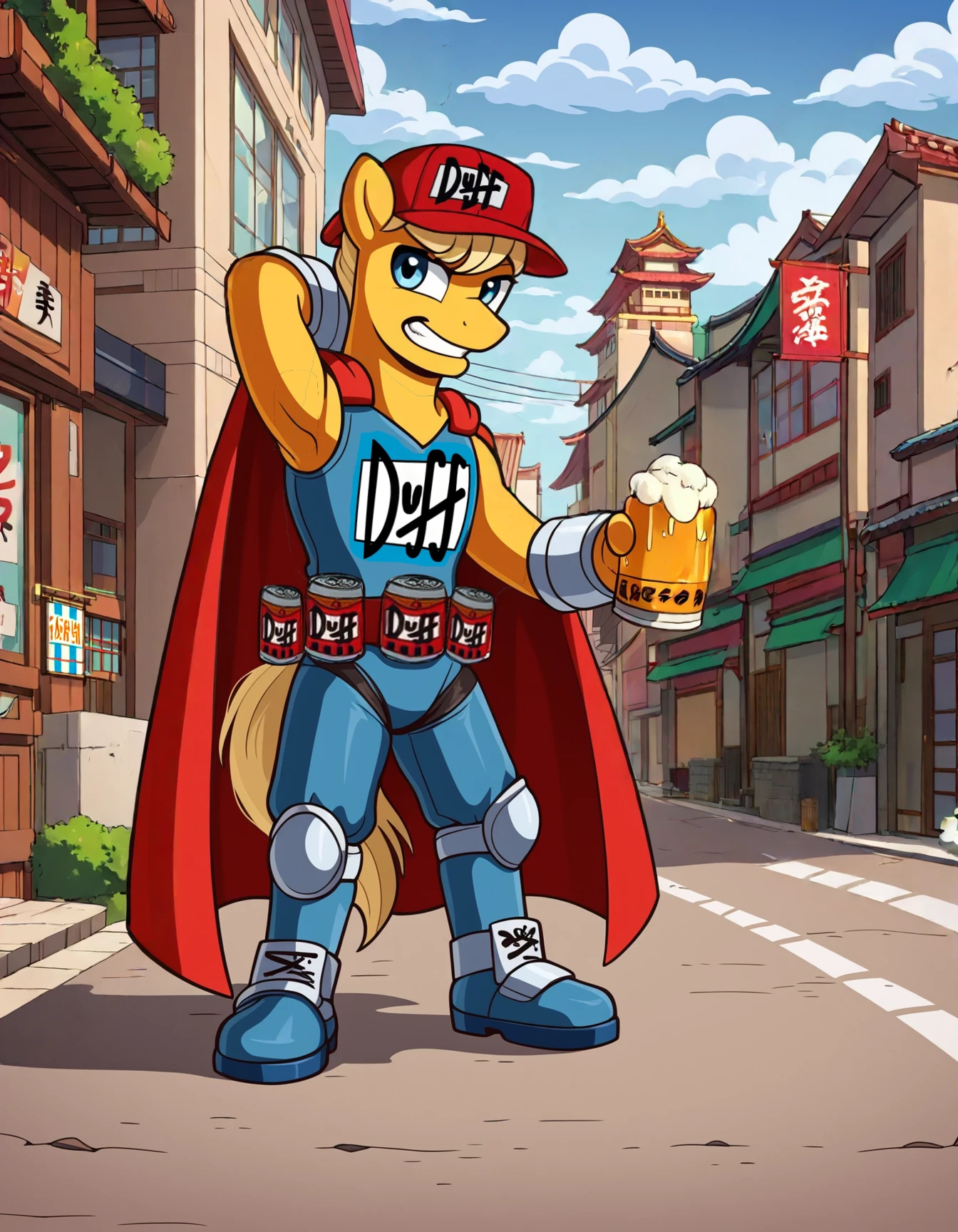 score_9, score_8_up, score_7_up, score_6_up, score_5_up, score_4_up,  
source: illustration,Barbara,Simpsons, expressive, full body,male pony, feral,stalion,wearing a blue superhero clothes and red cape and cap,beer can belt, pretty,at a japanese luxury hotel,outside,,short blonde hair, road,brown fur, highly detailed, intricate details, digital art, perfect anatomy, perfect proportions, 4k, (dynamic pose:1.25),