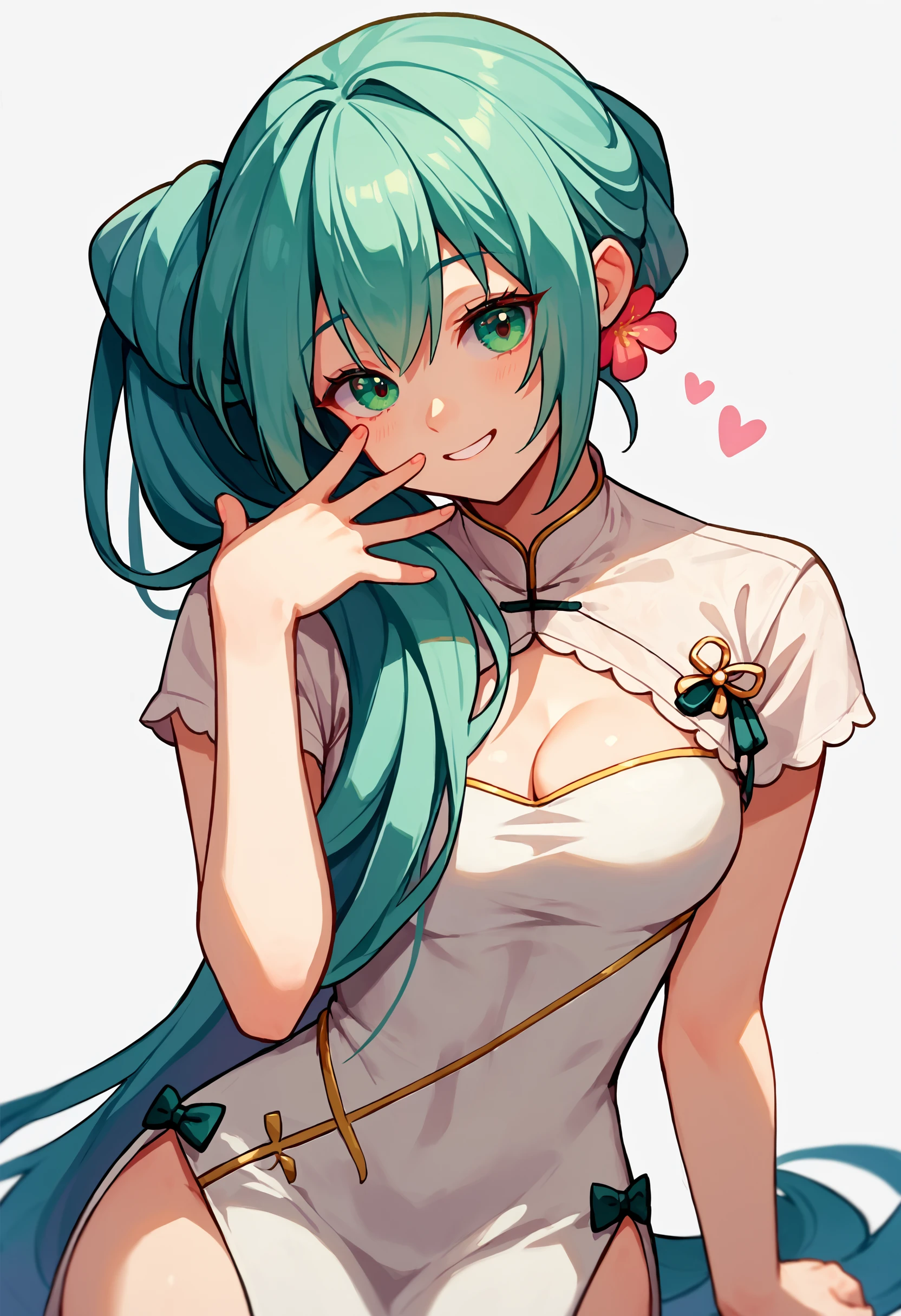 score_9_up score_8_up score_7_up, 1girl, side ponytail long hair, smile, simple background, white background
<lora:sidetail_miku_noodle_stopper_2:1>
BREAK
shaohuamiku, aqua hair, hair flower, green eyes, chinese clothes, white dress, china dress, cleavage cutout, side slit, short sleeves
<lora:others_vocaloid_shaohuamiku_ponyXL:1>